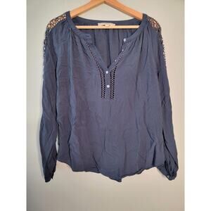 LOFT Navy Blue Long Sleeve Blouse with Lace Detail